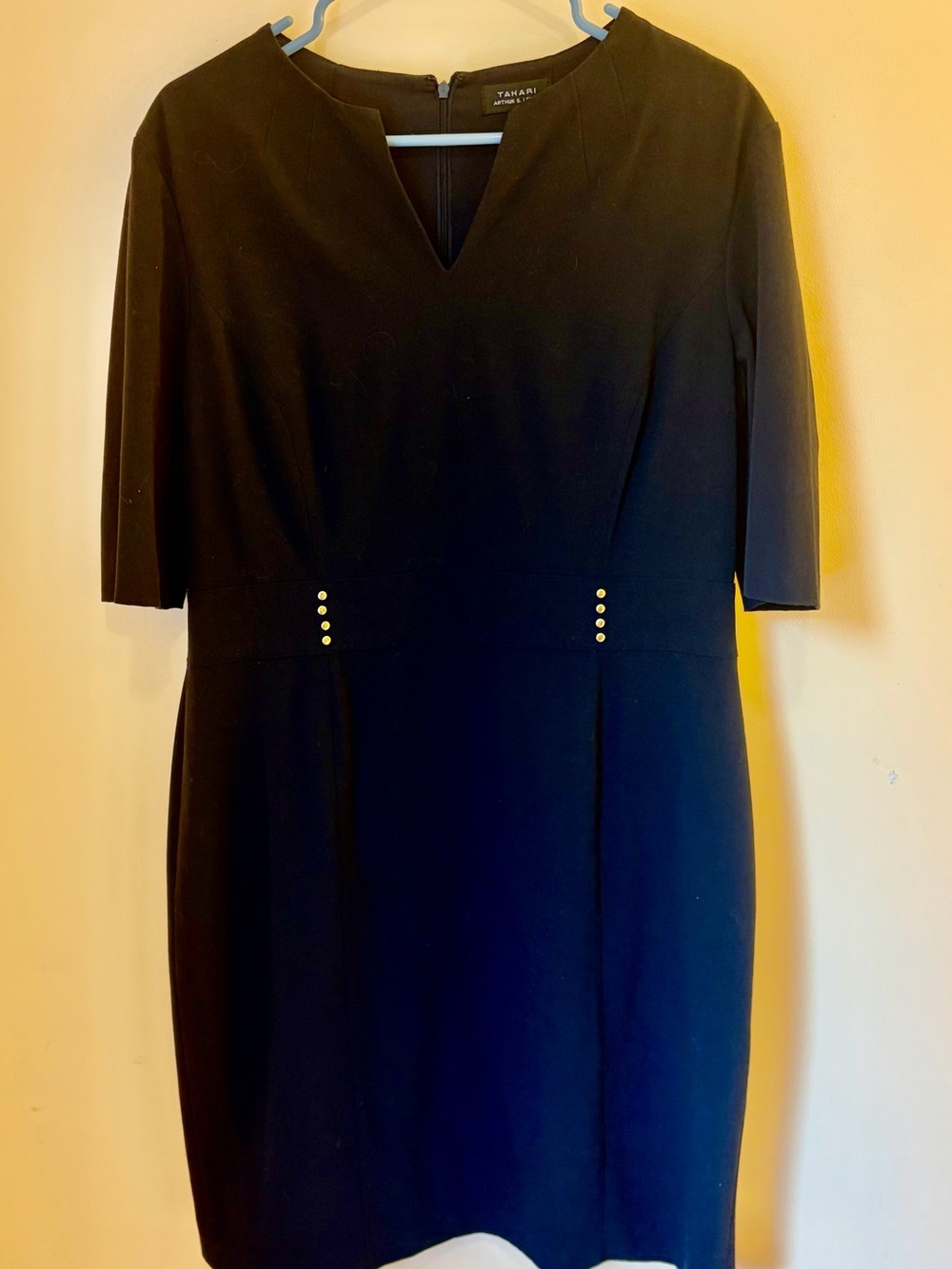 Tahari ASL Black Midi Sheath Dress with Gold Accent Buttons